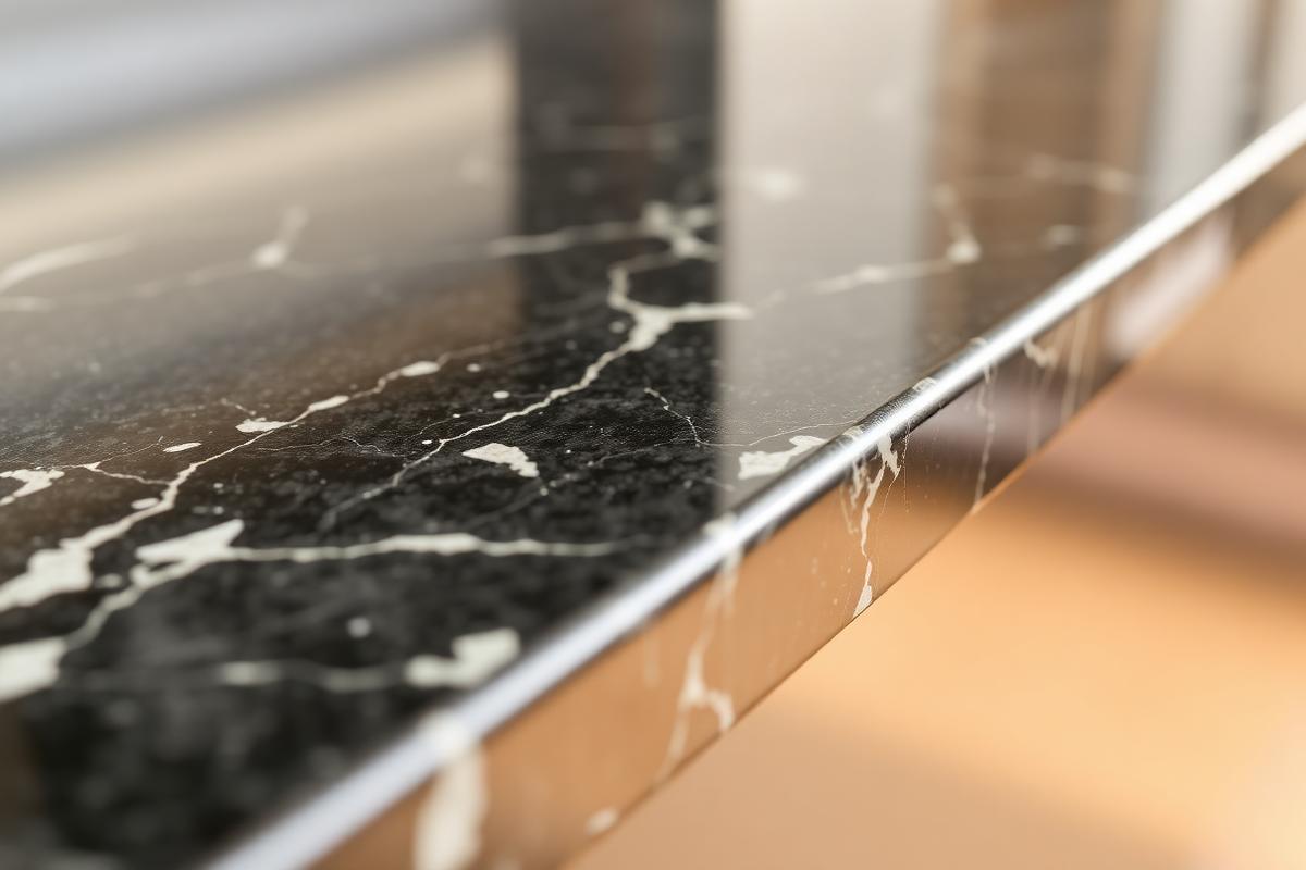 Close-up of a polished profiled edge on a dark veined stone countertop
