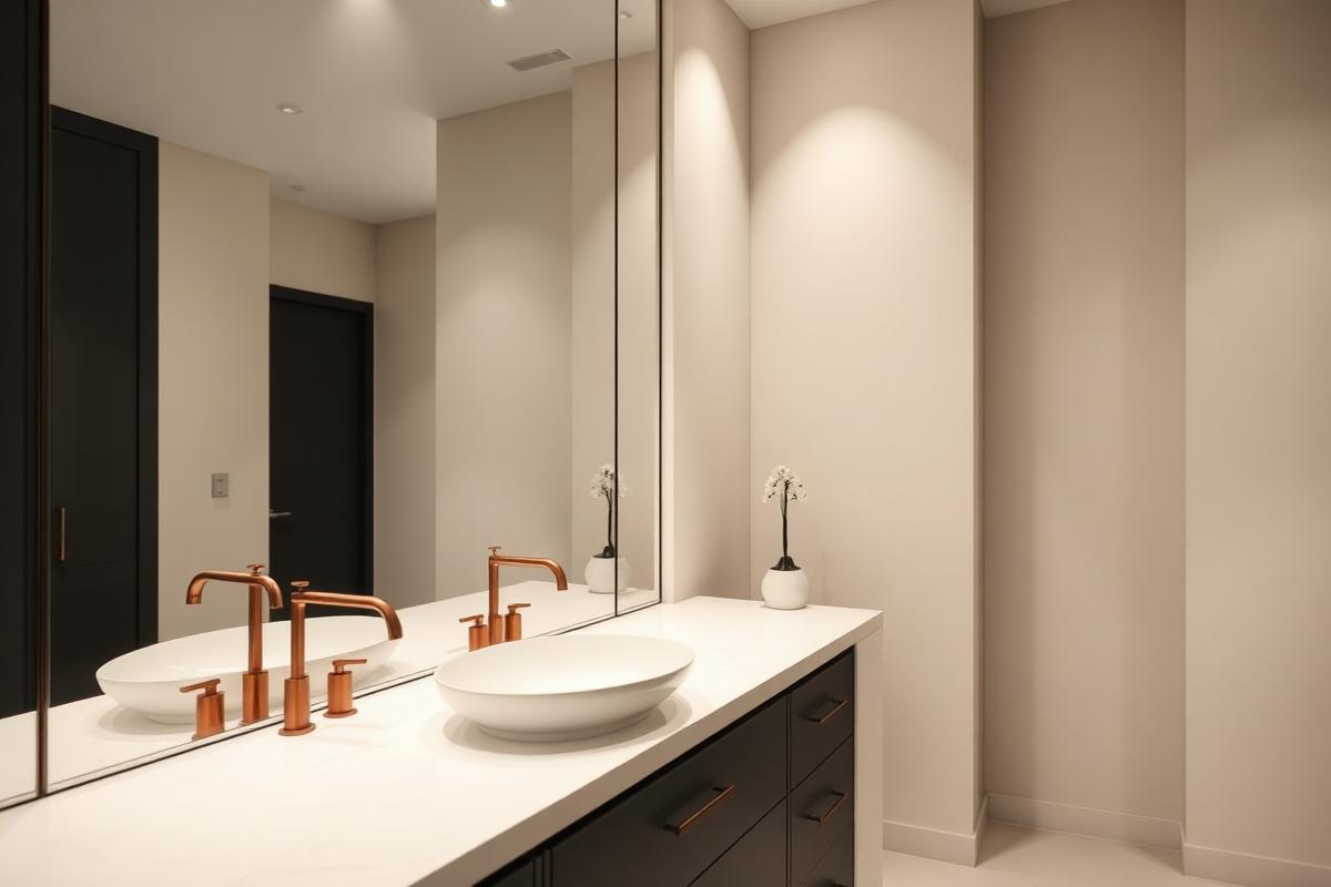 Bathroom vanity with a white quartz top, twin basins and copper tapware
