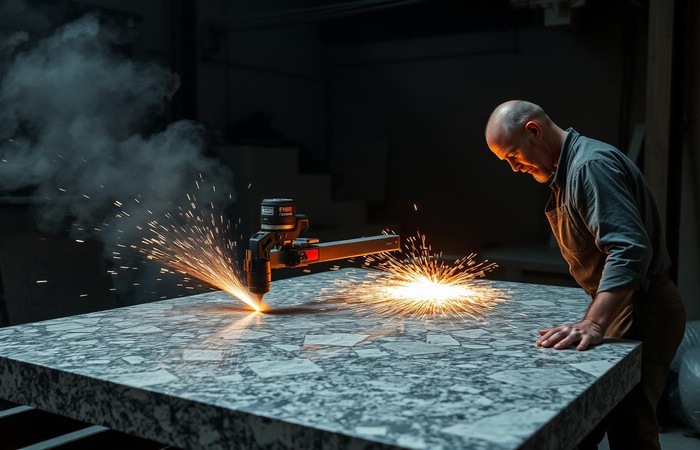 Stone slab being precision cut in a fabrication workshop