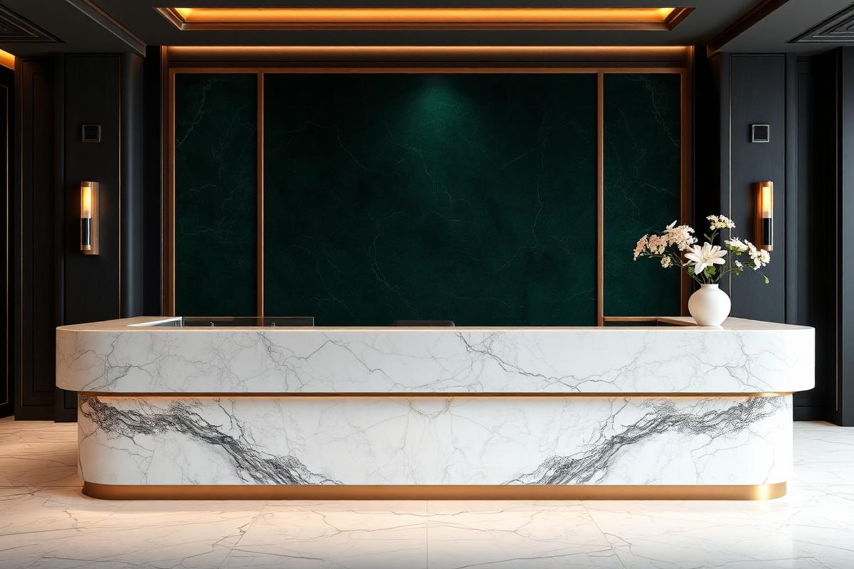 Curved commercial reception counter clad in marble-veined quartz with copper trim